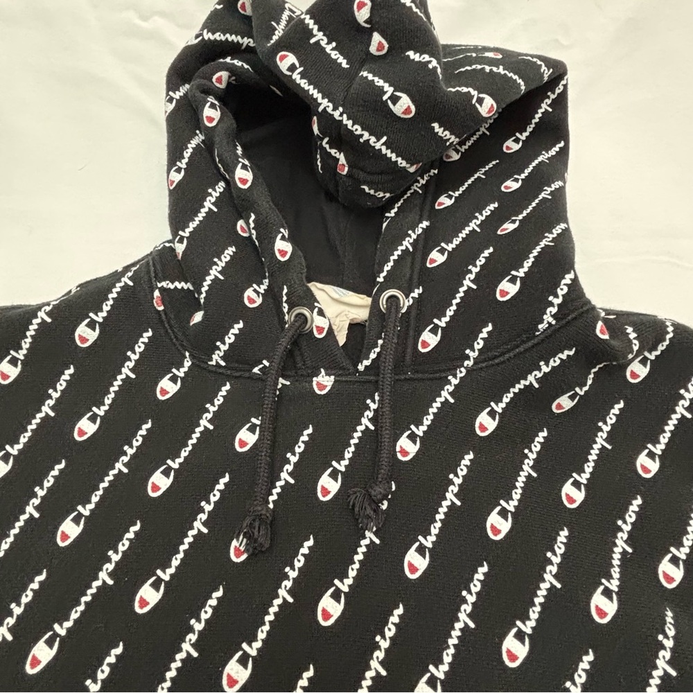 Champion Black Hoodie with White Logo Pattern - Picture 2 of 12